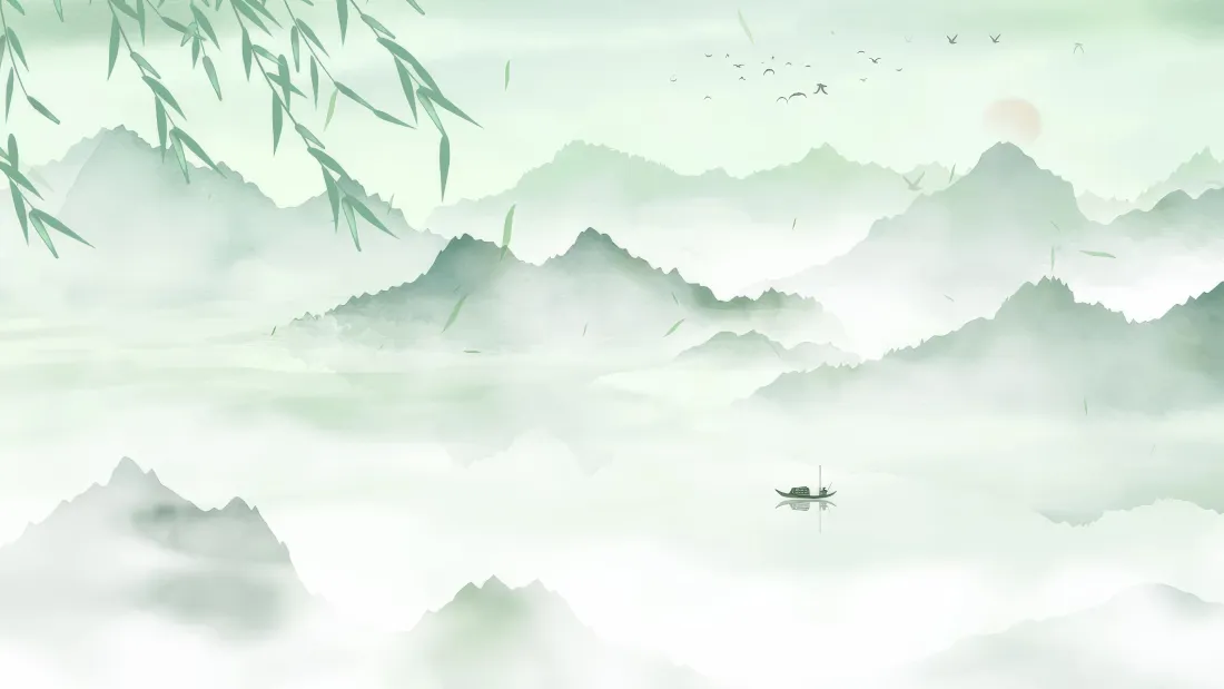 4k水墨山水壁纸｜国风背景图片 - 云雾扁舟柳枝「哲风壁纸」
