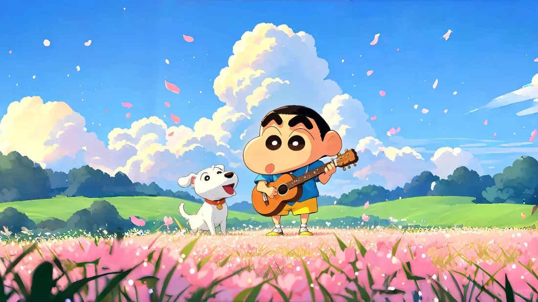 4k蜡笔小新壁纸｜花海背景图片 - 小白 吉他 樱花「哲风壁纸」