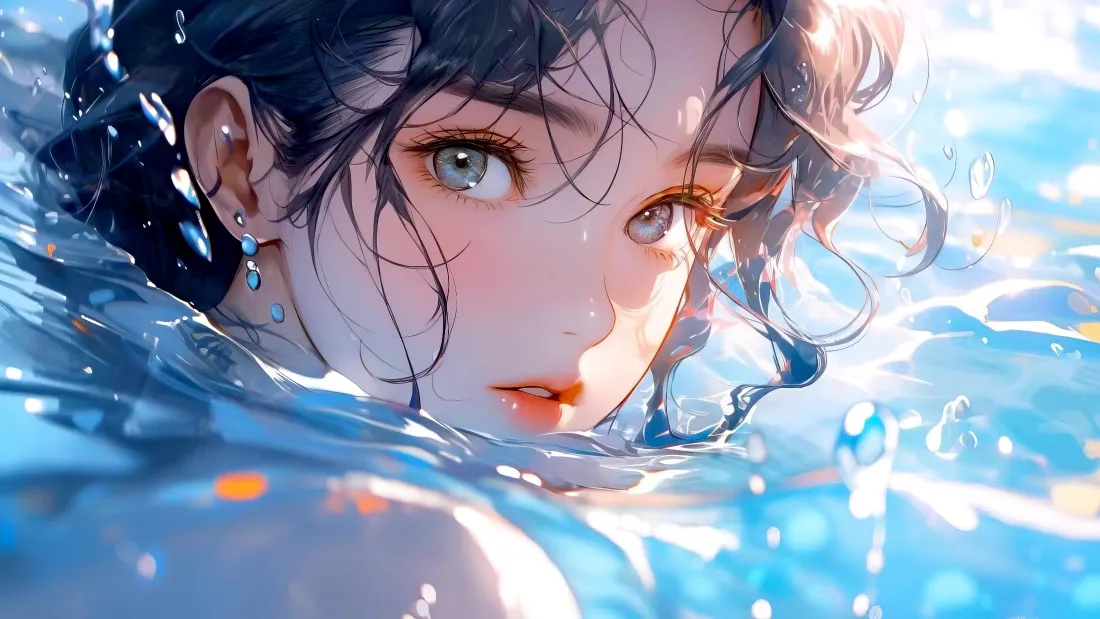 4k二次元美女壁纸｜蓝水背景图片 - 卷发蓝眼水中少女「哲风壁纸」