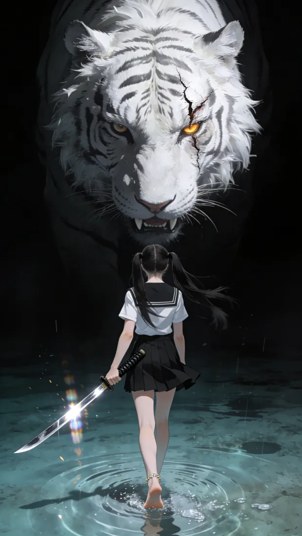 萝莉白虎武士刀手机壁纸｜暗黑水面背景 - 二次元「哲风壁纸」