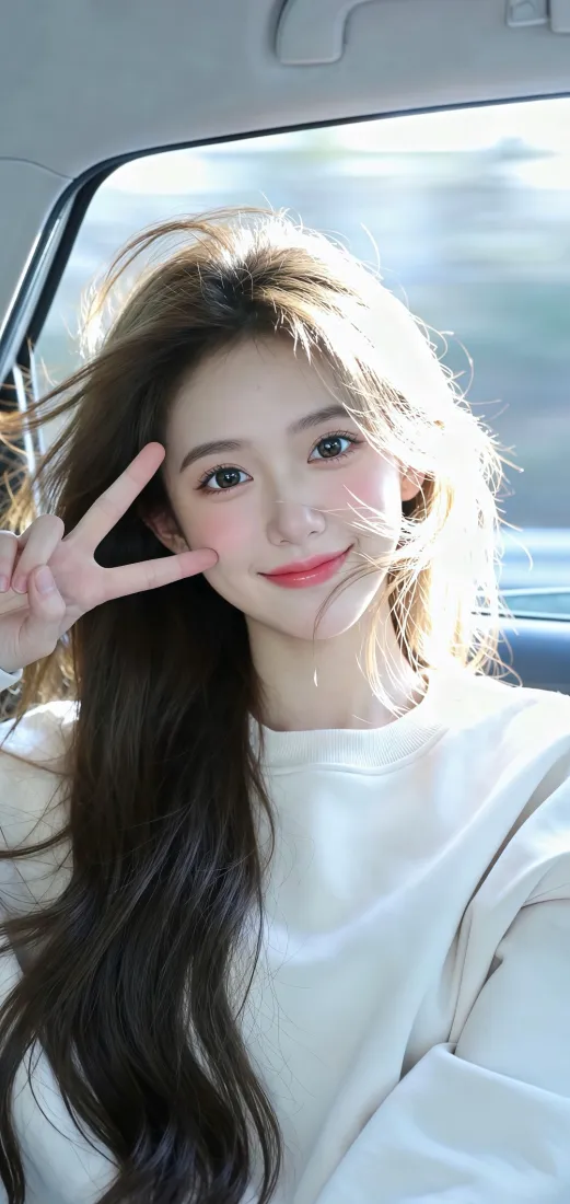 （车内美女手机壁纸｜车内背景图片 - 长发白衣比耶微笑）「哲风壁纸」