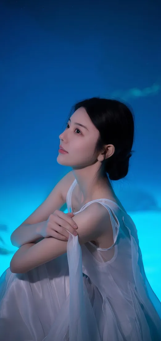 美女白裙手机壁纸｜蓝色背景图片 - 优雅气质「哲风壁纸」