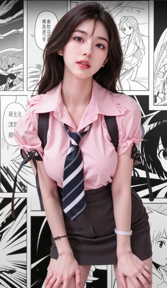 美女手机壁纸｜漫画背景图 - 粉色衬衫校服穿搭「哲风壁纸」