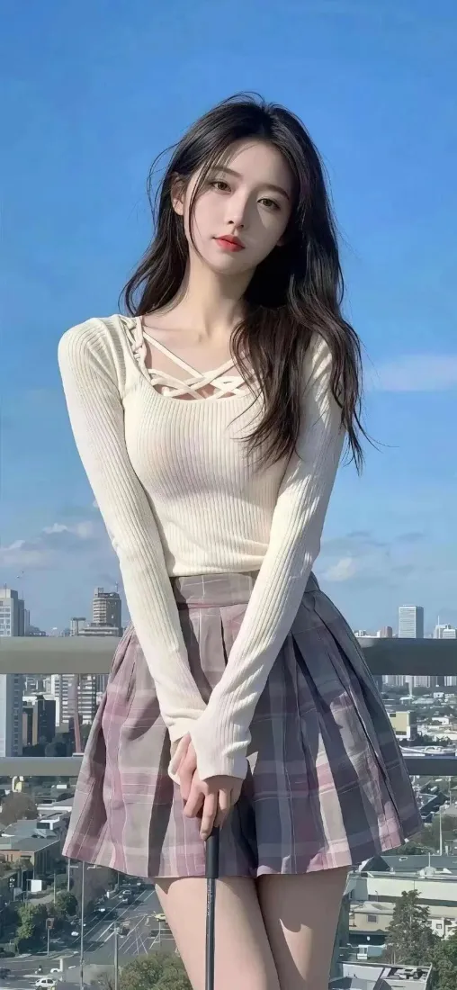 美女手机壁纸｜蓝天背景图片 - 格子裙美女「哲风壁纸」