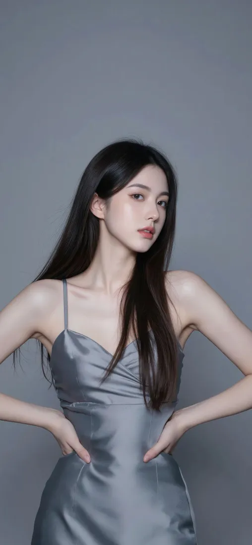灰色吊带裙美女手机壁纸｜灰色背景图片 - 气质长发「哲风壁纸」