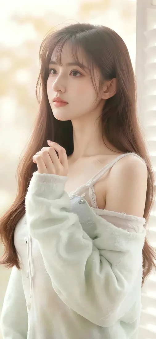 长发美女手机壁纸｜浅绿色背景图片 - 窗边温柔「哲风壁纸」