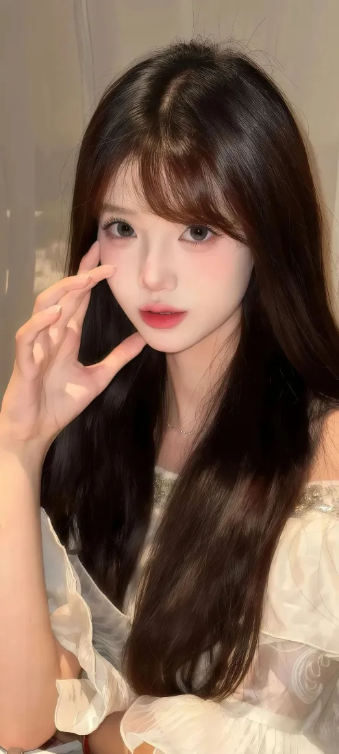 长发美女手机壁纸｜室内背景图片 - 淡妆露肩装「哲风壁纸」