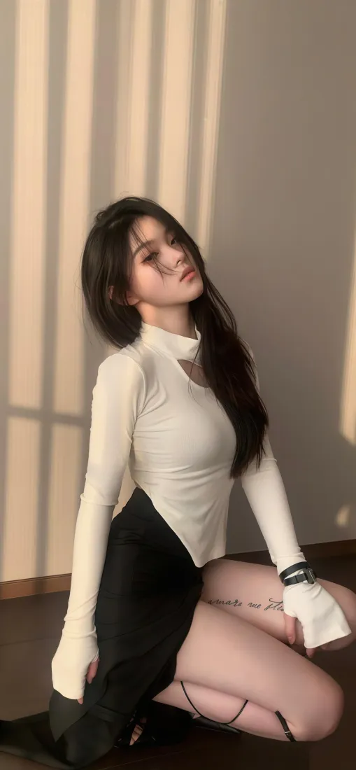 美女手机壁纸｜Ios背景图片 - 白衣黑裙室内光影「哲风壁纸」