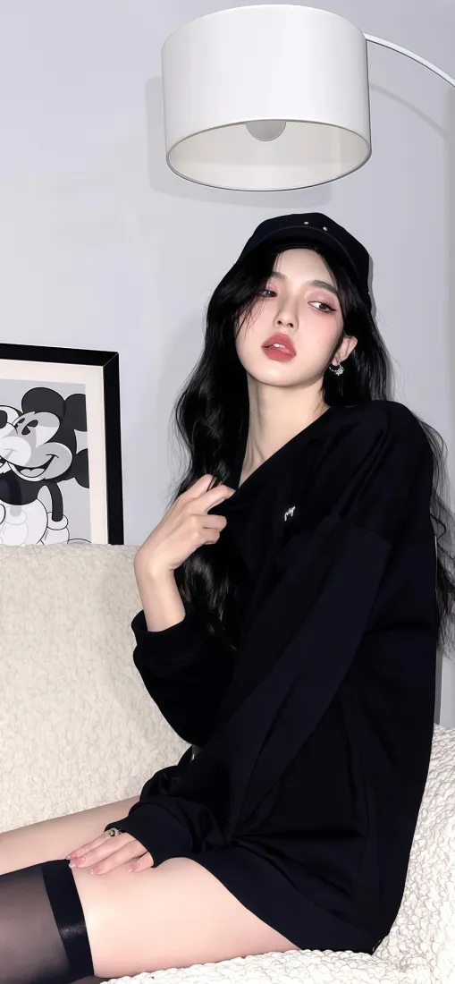 黑衣美女手机壁纸｜室内背景图片 - 黑丝「哲风壁纸」