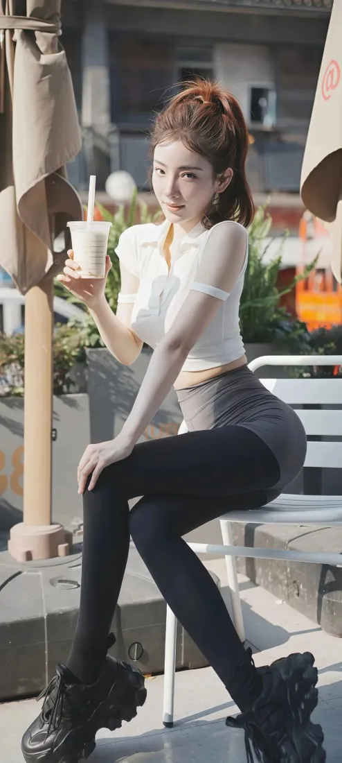 红发美女手机壁纸｜户外背景 - 白色上衣黑紧身裤「哲风壁纸」