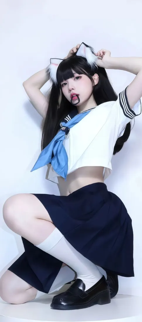 JK制服美女手机壁纸｜猫耳背景图 - 水手服少女「哲风壁纸」