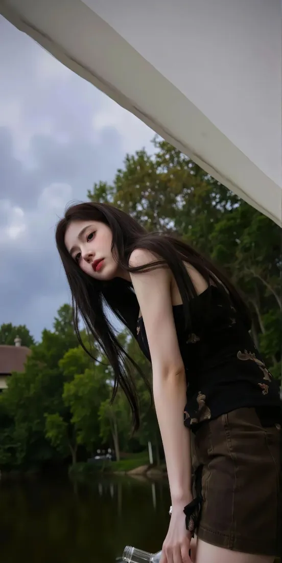 黑衣美女手机壁纸｜自然风景背景图片 - 湖水树木「哲风壁纸」