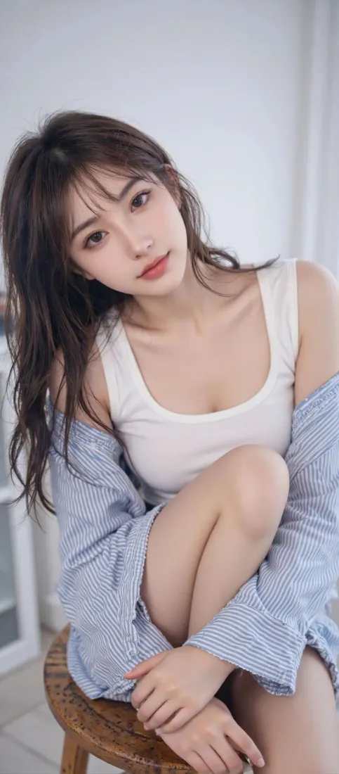 长发美女手机壁纸｜室内背景图片 - 白背心蓝衬衫「哲风壁纸」