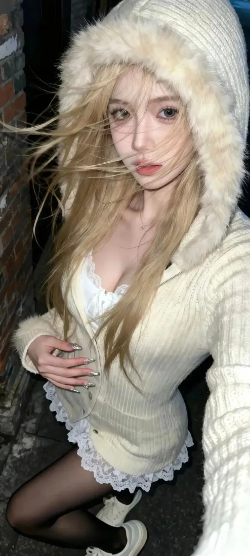 金发美女手机壁纸｜小巷背景图片 - 米白毛衣黑丝「哲风壁纸」