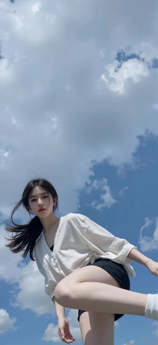 美女手机壁纸｜蓝天白云背景图片 - 动感活力「哲风壁纸」