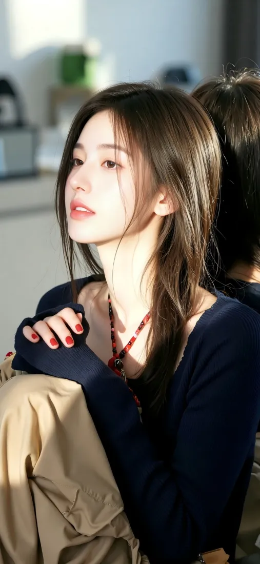 鞠婧祎手机壁纸｜室内背景图片 - 深蓝色上衣美女「哲风壁纸」