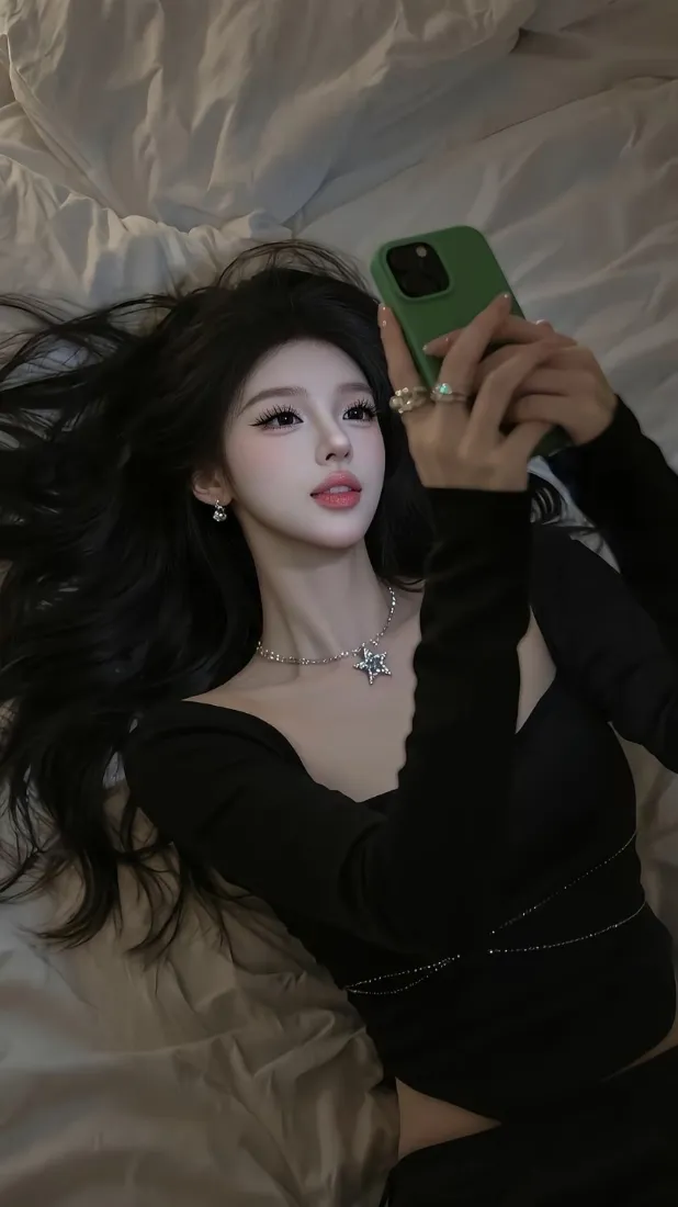 黑衣美女手机壁纸｜床品背景图片 - Ios手机自拍「哲风壁纸」