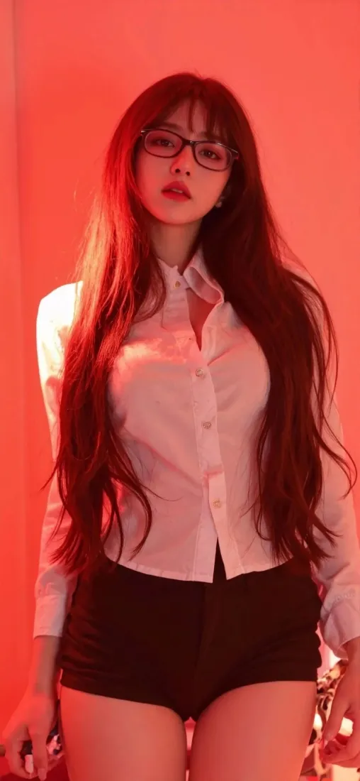 戴眼镜美女手机壁纸｜红色背景图片 - Ios「哲风壁纸」