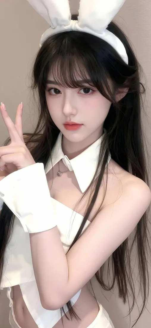 兔耳美女手机壁纸｜白色服装背景图 - Ios「哲风壁纸」