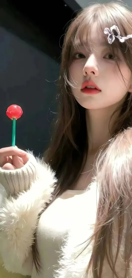长发美女手机壁纸｜红色棒棒糖背景图 - Ios「哲风壁纸」