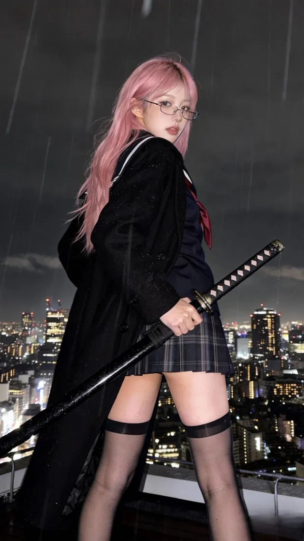 粉发美女手机壁纸｜雨夜城市背景图片 - 武士刀黑丝「哲风壁纸」