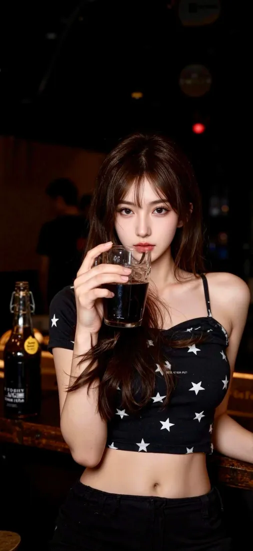 美女手机壁纸｜吧台背景图片 - 黑色吊带白星饮品「哲风壁纸」