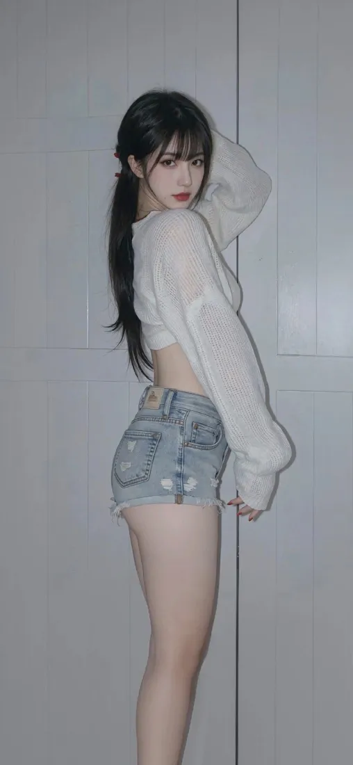 白衣美女手机壁纸｜灰色背景图片 - 牛仔短裤「哲风壁纸」