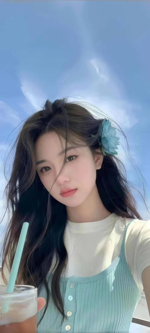 蓝衣美女手机壁纸｜蓝天背景图片 - 夏日自拍「哲风壁纸」