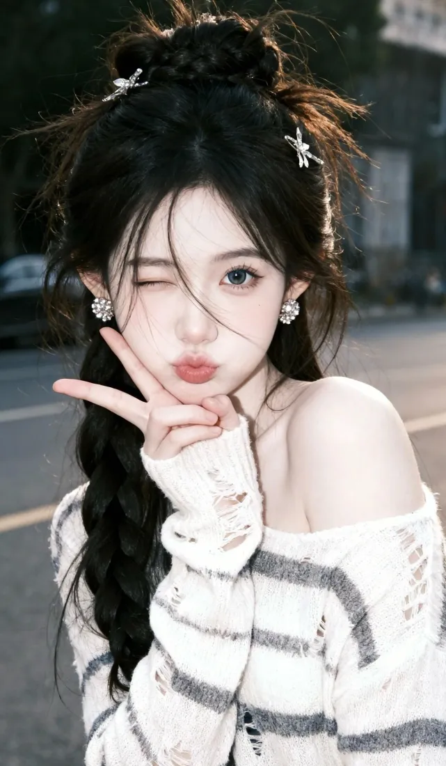 甜妹美女手机壁纸｜街头背景图片 - 条纹露肩上衣「哲风壁纸」