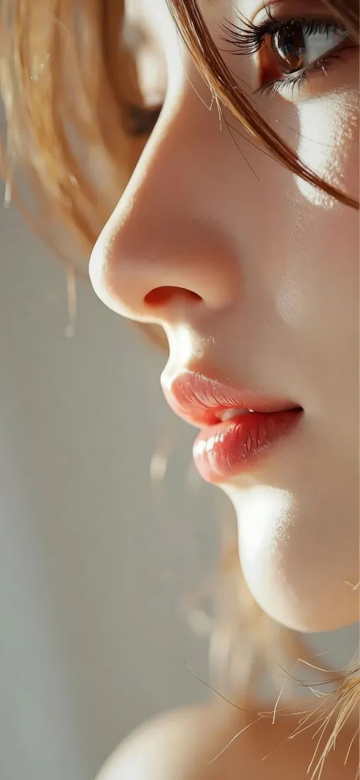 美女手机壁纸｜暖光背景图片 - 红唇侧脸特写「哲风壁纸」