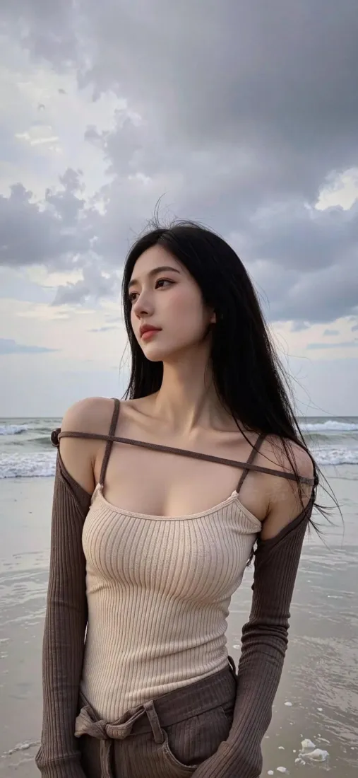 海边美女手机壁纸｜沙滩背景图 - 阴天海景「哲风壁纸」