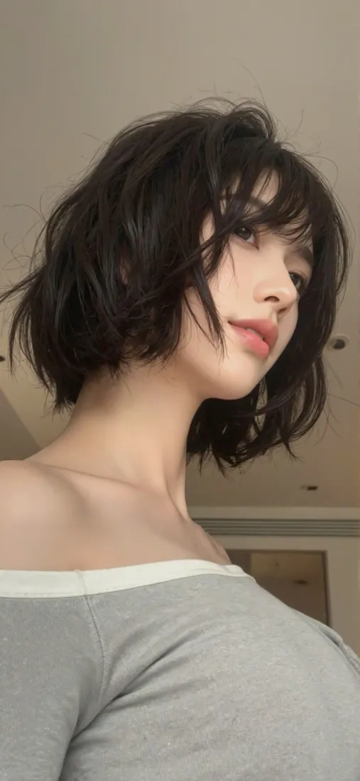 短发美女手机壁纸｜室内背景图片 - 灰色露肩上衣「哲风壁纸」