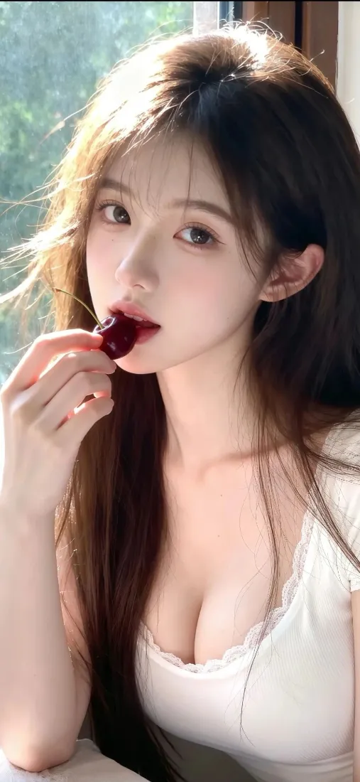 白衣美女手机壁纸｜窗边绿植背景 - 红樱桃「哲风壁纸」