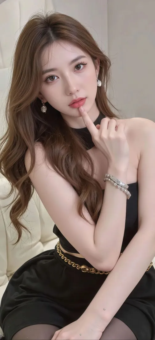 黑裙美女手机壁纸｜室内背景图片 - 红唇长发美女「哲风壁纸」