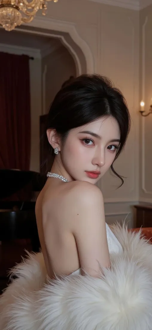 白衣美女手机壁纸｜复古室内背景 - 毛绒披肩「哲风壁纸」