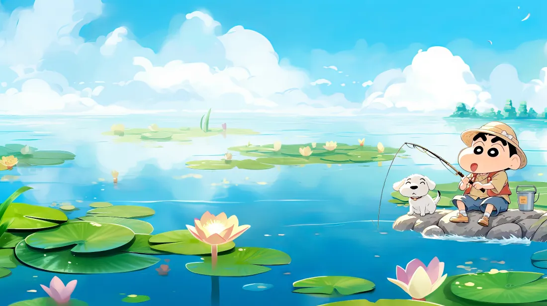 4k蜡笔小新壁纸｜池塘钓鱼背景图片 - 荷花荷叶蓝天「哲风壁纸」