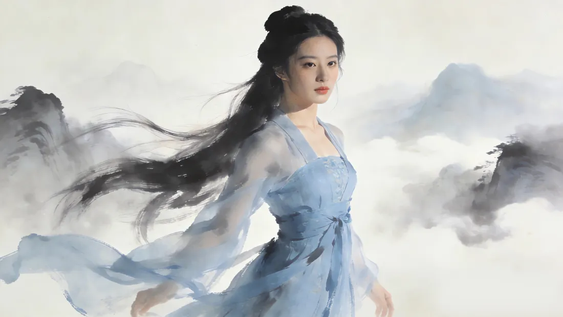 4k古风女子壁纸｜山水云雾背景 - 蓝色古装「哲风壁纸」