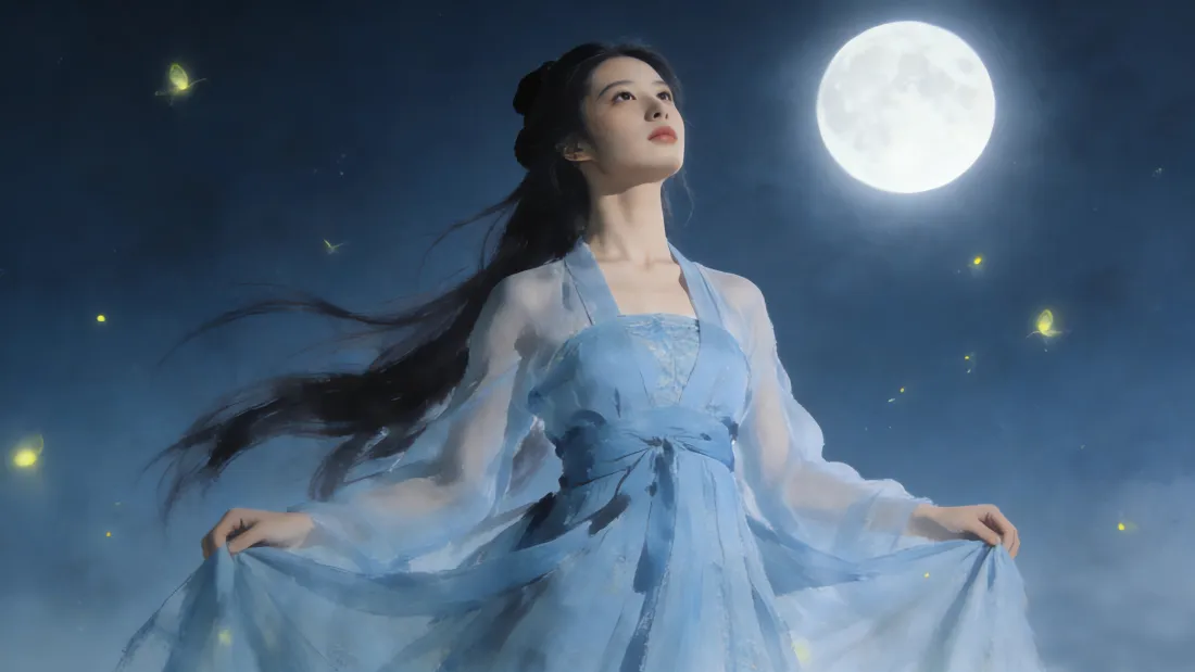 4k古装女子壁纸｜蓝色古风背景图片 - 月亮萤火虫「哲风壁纸」