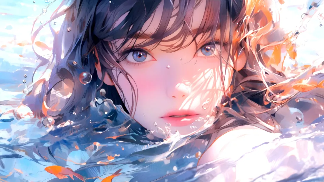 4k水中少女壁纸｜二次元背景图片 - 金鱼蓝眼「哲风壁纸」