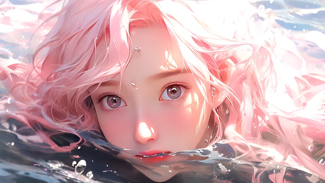 4k粉发美女壁纸｜水中背景图片 - 二次元「哲风壁纸」