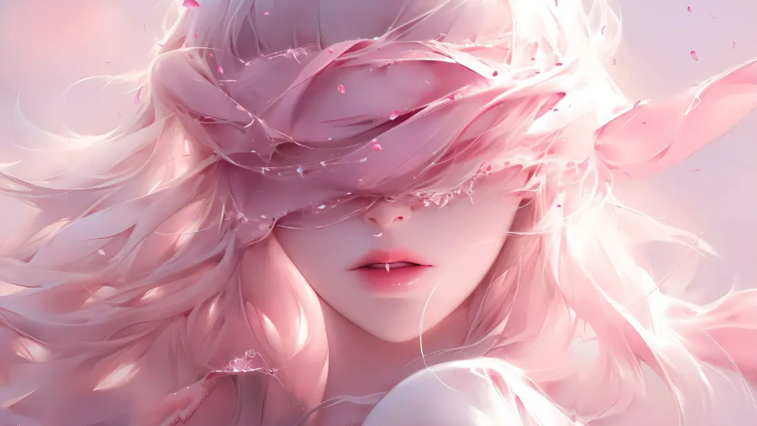 4k（二次元美女壁纸｜粉色背景图片 - 丝带遮眼）「哲风壁纸」