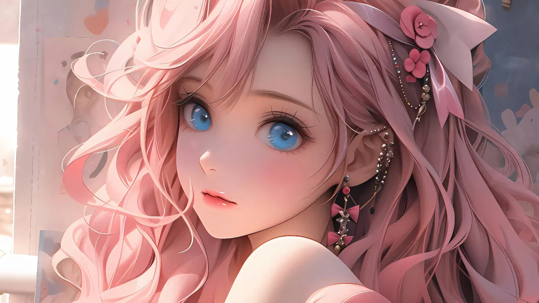 4k粉色头发二次元美女壁纸｜蓝眼睛背景图片 - 蝴蝶结「哲风壁纸」