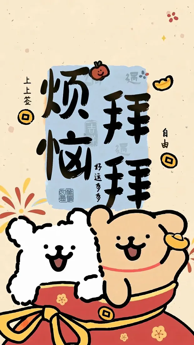 线条狗春节手机壁纸｜喜庆背景图 - 烦恼拜拜「哲风壁纸」