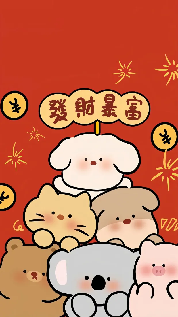 线条狗手机壁纸｜春节背景图片 - 发财暴富萌宠「哲风壁纸」