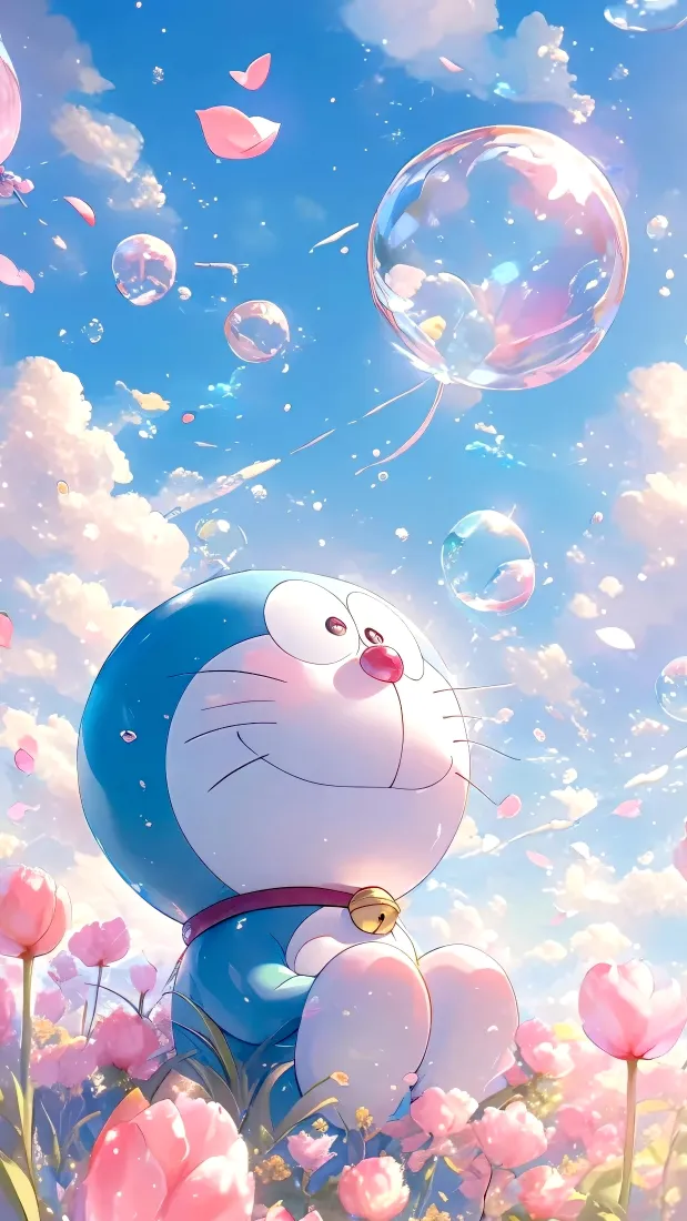 哆啦A梦手机壁纸｜蓝天花田背景图 - 粉色泡泡「哲风壁纸」