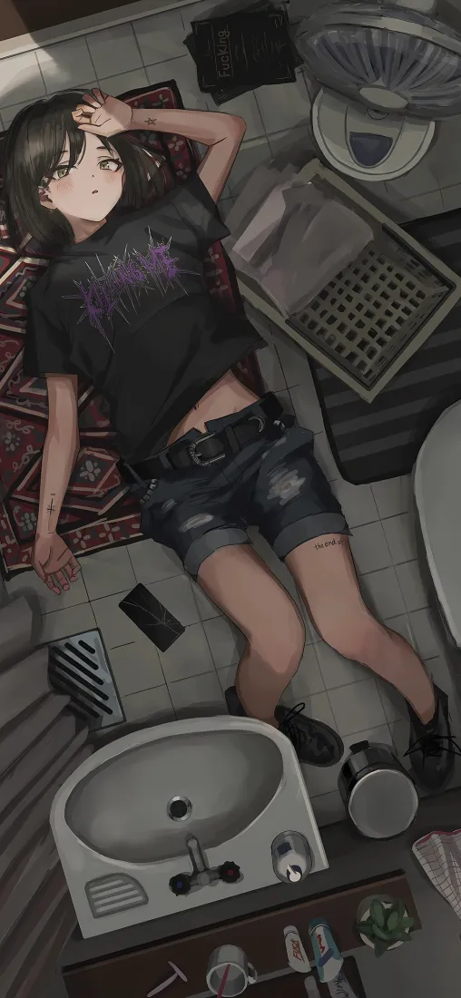 躺下的女孩手机壁纸｜洗手间背景图片 - 室内插画「哲风壁纸」