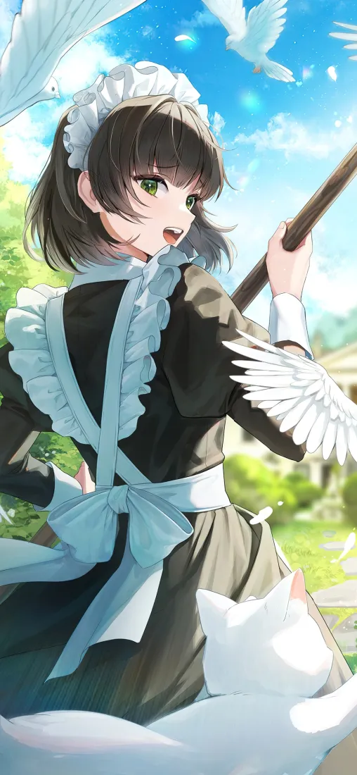女仆装动漫女孩手机壁纸｜白鸽背景图片 - 草地「哲风壁纸」