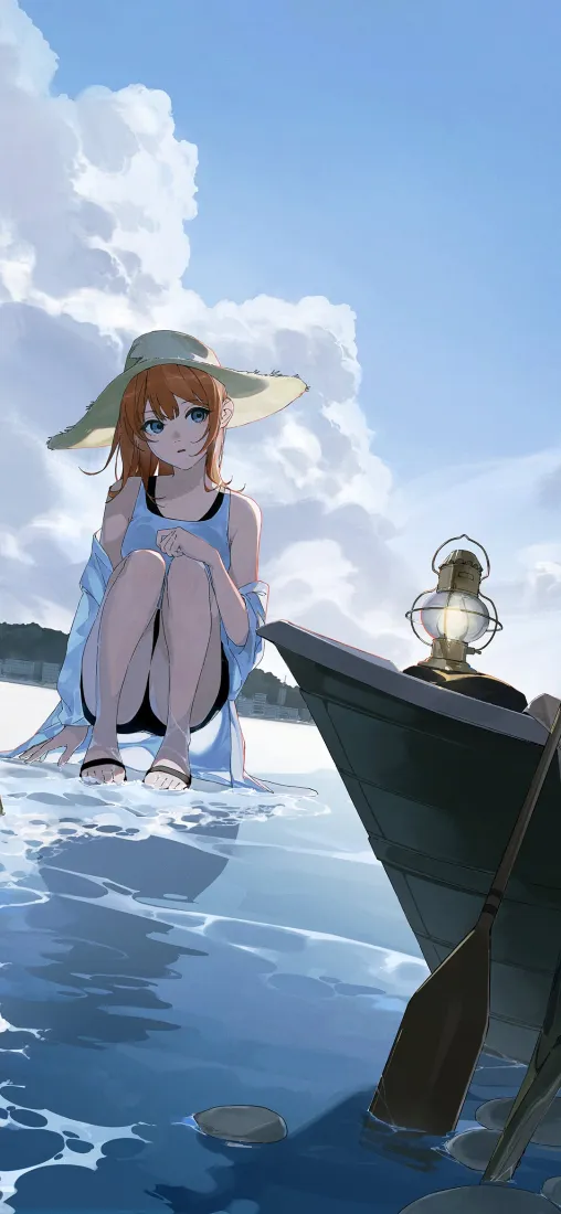 动漫女孩草帽手机壁纸｜湖水边背景 - 二次元「哲风壁纸」