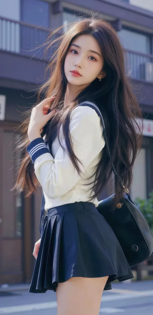 长发美女手机壁纸｜街道背景图片 - 水手服「哲风壁纸」