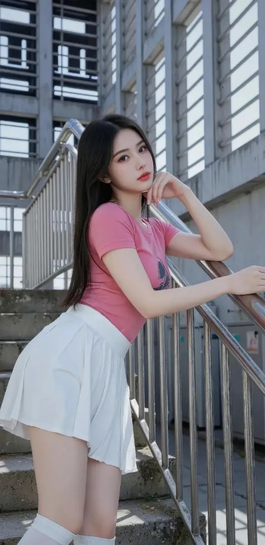 粉色上衣美女手机壁纸｜建筑楼梯背景 - 时尚高级「哲风壁纸」